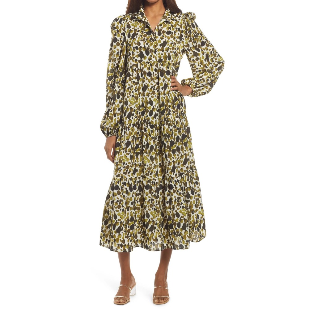 Never Fully Dressed Olive Green Leaf Print Tiered Maxi Shirt Dress Medium